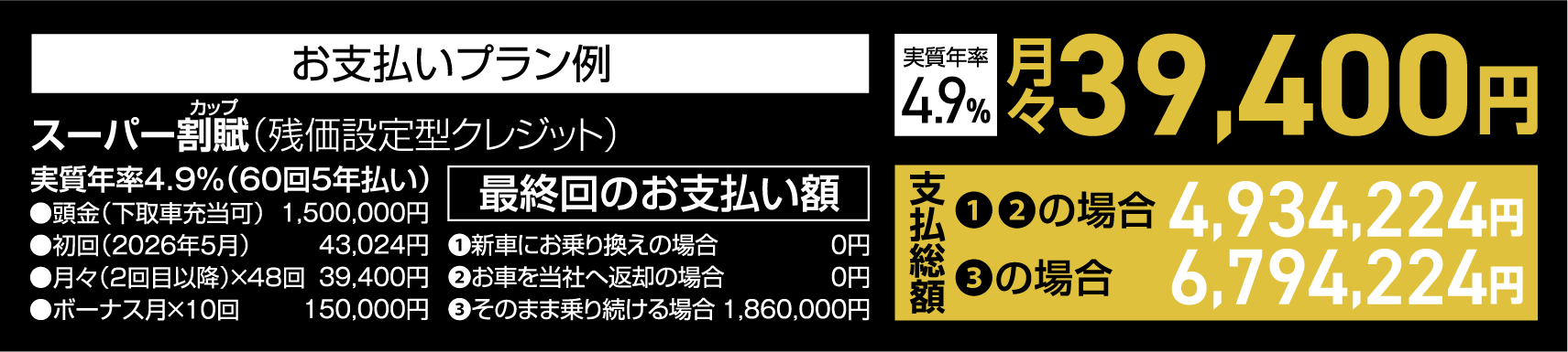 お支払いプラン例　スーパー割賦（残価設定型クレジット）実質年率4.9%（60回5年払い）月々39,400円円●頭金（下取車充当可）1,500,000円●初回（2026年4月）43,024円●月々（2回目以降）×48回39,400円●ボーナス月×10回150,000円　最終回のお支払い額❶新車にお乗り換えの場合0円❷お車を当社へ返却の場合0円❸そのまま乗り続ける場合1,860,000円　支払総額❶❷の場合4,934,224円❸の場合6,794,224円